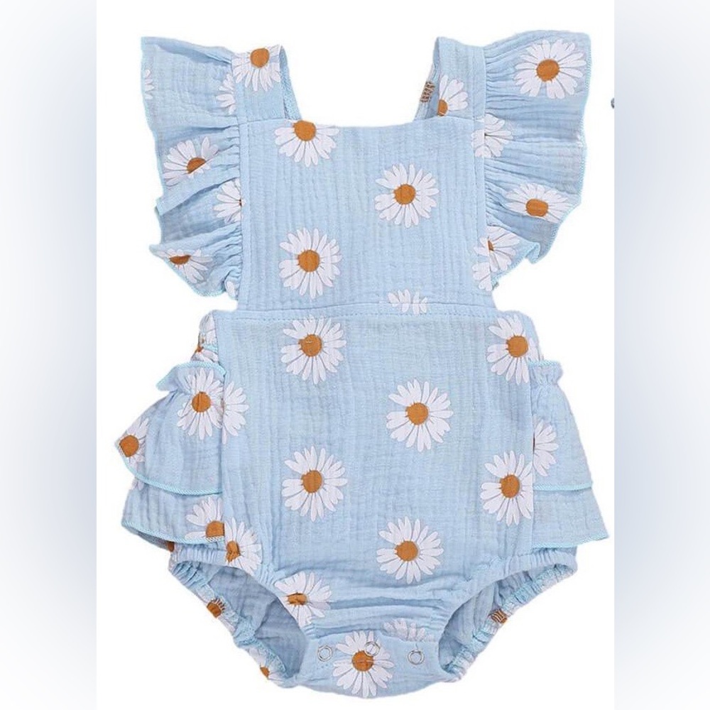 Daisy print crinkle cotton gauze romper, sz 6 months